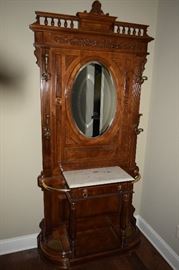 Vintage Pulaski Cherry Hall Tree 38" Wide X 84" Tall. Marble Top, Beveled Glass, Umbrella Stands, Coat Rack