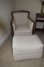 Rosewood Ladies Arm Chair with Ottoman. White on White. This Chair is Wicker Base and Has Been Upholstered Over with Horse Hair.