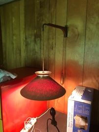 MID CENTURY HANGING LAMP WOVEN SHADE TEAK HANGER