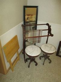 Marble-top tables and quilt rack