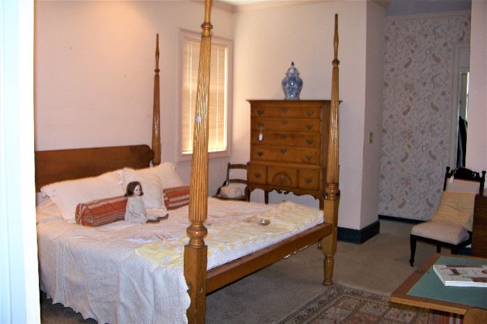 Tiger Maple bed, highboy