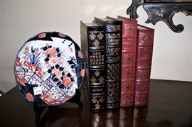 Imari plate, leather books