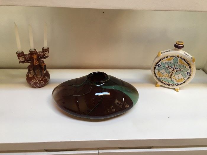 Folk art ceramics and blown glass vase