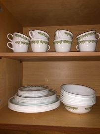 Corelle set of 8 place settings; dinner plates, salad plates, soup/cereal bowls, coffee/tea cups and saucers. 