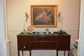Antique Buffet -Wedgewood- Antique Oil Lamp - Lovely Vintage Floral Print