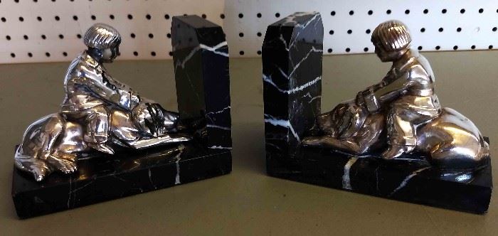 Marble and Silver Bookends "Child with Dog"
