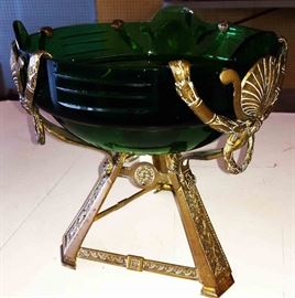 Vintage Green Bowl with Bronze Pedestal 