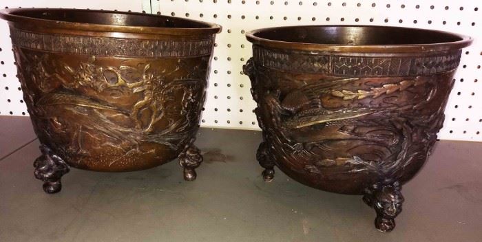 Pair of Antique Bronze Footed Planter/Urns, Marked