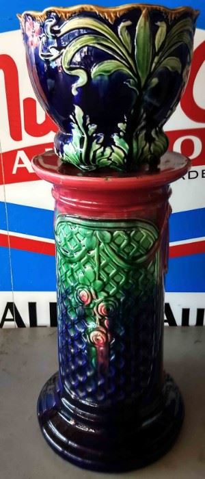 Vintage Majolica Jardinere with Pedestal (Has been repaired)