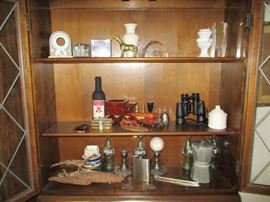 PEWTER, BRASSWARE, BINOCULARS, WOOD CARVING W/BIRD, CANDLE STICKS