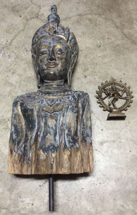 WAE015 Carved Wood Hindi Goddess Bust, Brass Bust & Wooden Pedestal
