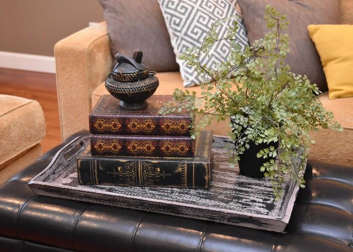 Distressed Wood Tray, Book Boxes, Artificial Plant
