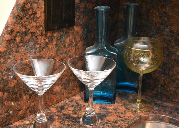 Martini Glasses, Wine Glasses, Blue Glass Bottles