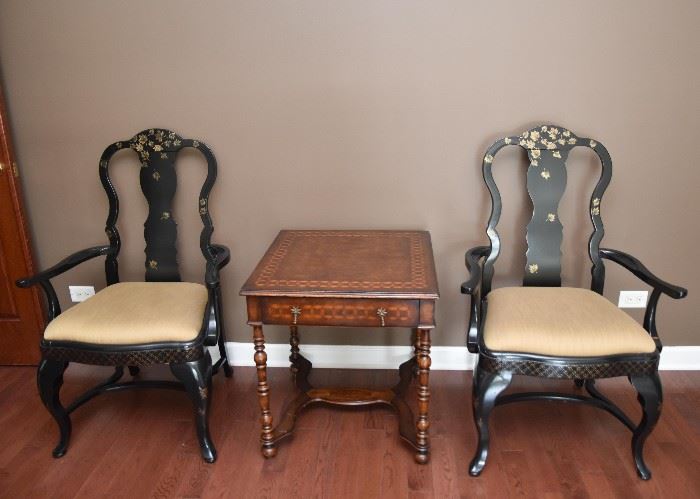 BUY IT NOW! $300 - Pair of Black Lacquer Oriental Arm Chairs with Leaf Motif and Padded Seats