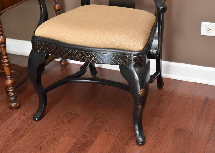 BUY IT NOW! $300 - Pair of Black Lacquer Oriental Arm Chairs with Leaf Motif and Padded Seats