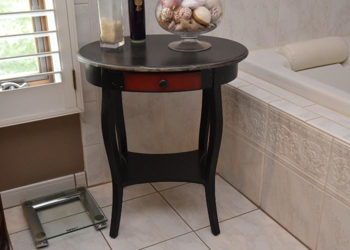 BUY IT NOW! $120 - Ebonized Distressed Style Oval Side Table with Red Drawer