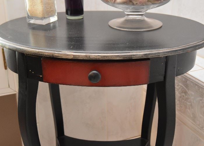 BUY IT NOW! $120 - Ebonized Distressed Style Oval Side Table with Red Drawer