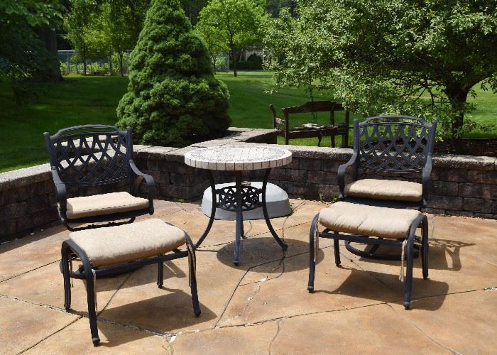 Tile Top Bistro Patio Table, Pair of Iron Patio Chairs with Ottomans