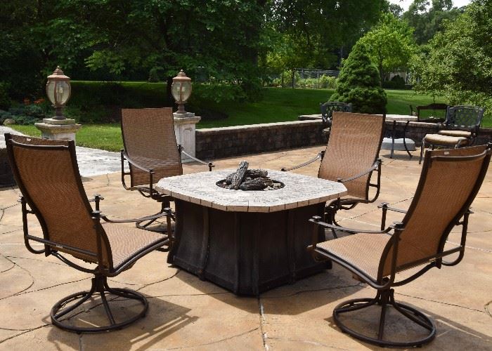 Set of 4 Brown Jordan High-Back Patio Chairs, Gas Fire Pit