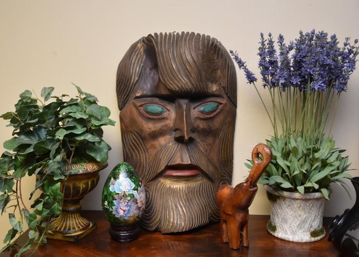 Wood Carved Mask, Artificial Plants, Cloisonne Egg, Wood Carved Elephant Figure