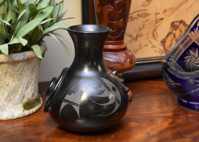 Contemporary Black Mexican Pottery Vase, Signed