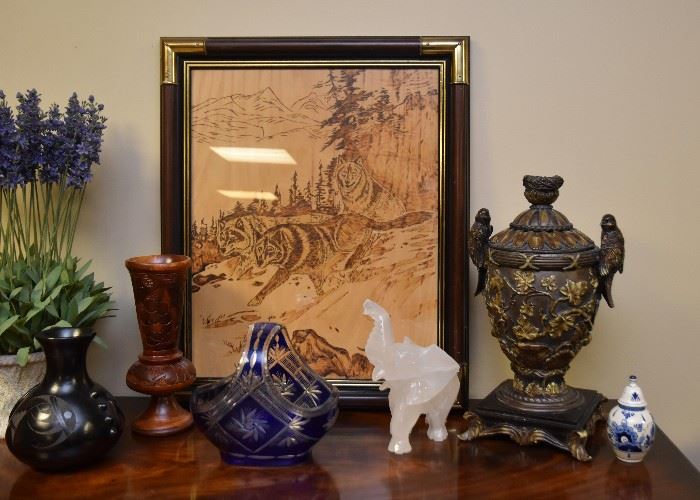 Framed Artwork (Wolves), Bohemian Glass Basket, Stone Carved Elephant Figure, Decorative Urn
