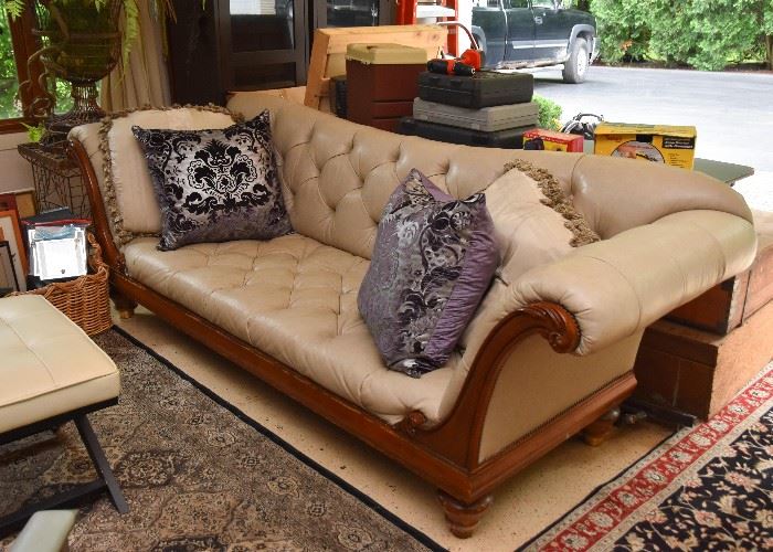 Tufted Sofa with Carved Wood