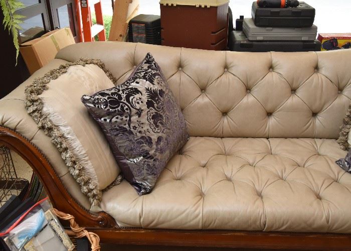 Tufted Sofa with Carved Wood