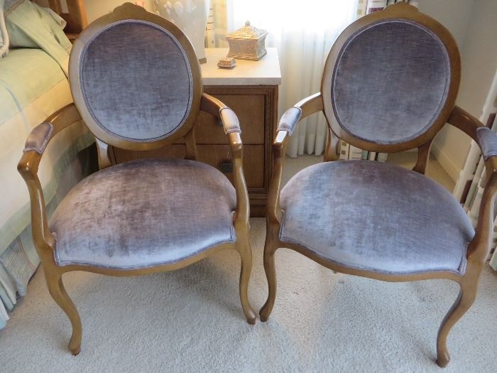 LOUIS XVI UPHOLSTERED VELVET OPEN ARM CHAIRS
