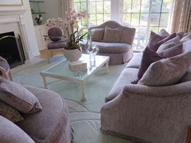 CAMEL BACK SOFA WITH ROLL ARMS
CENTURY FURNITURE COMPANY
WHITE WROUGHT IRON COFFEE TABLE
WITH GLASS TOP
