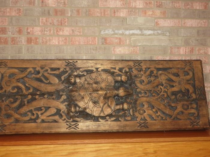 ANTIQUE WOOD DOOR CARVED RELIEF SEA TURTLE
