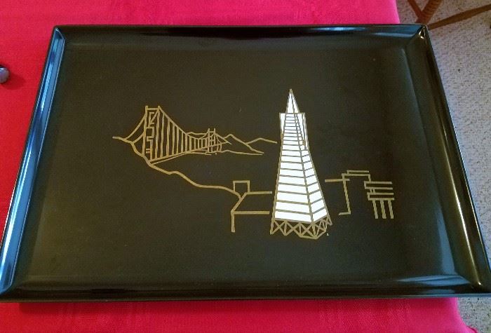 Couroc black lacquer tray featuring San Francisco highlights