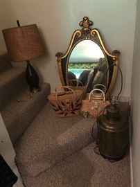 Vintage mirror, handbags, lamp