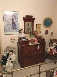 DOlls, Prints, Vintage Dresser, & misc pieces