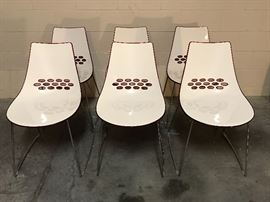 Caligaris "Jam" chairs, backside features a red candy apple finish, chair material is all acrylic/lucite and metal base, retails $260 each, excellent/line-new condition