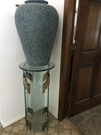 2- deco glass and brass display stands, large ceramic urn.