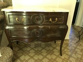 #2 matching bedside Bombay Chest with marble curved and beveled top.