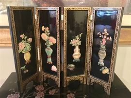 2. Miniature 4 Panel Black Lacquer Screen w/ Jade