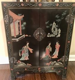 1. 2 Door Black Lacquer Chinese Cabinet (23'' x 11'' x 31'')