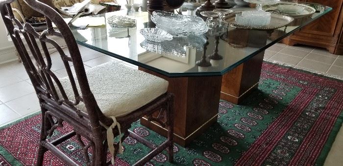 Elegant Double Wooden Pedestal/Glass Top Dining Table (Rug is not for sale)