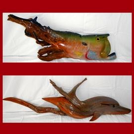 2 Large Fabulous Carved Driftwood Fish Sculptures by Steve Shuba