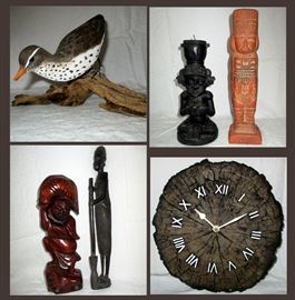 Carved Bird on Driftwood, Decorative Statues and Clock that looks like Wood