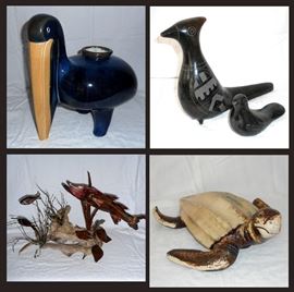 Cool Pelican Pottery Vase, Mexican Black Pottery Birds, Metal and Driftwood Fish Sculpture and Cute Pottery Turtle  