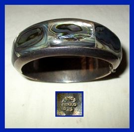 Really Nice and Heavy Sterling Silver with Abalone  Hinged Cuff Marked TA-164 Mexico 925  
