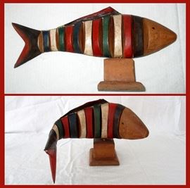 Folk Art Painted Articulated Fish on Stand; photos shows the piece standing and laying flat 