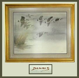 Gorgeous Watercolor of Flying Geese Signed Dennis 