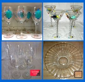 Fun Hand Painted Fishy Stemware, Stolzle Wine Glasses and Large Centerpiece Heisey Bowl 