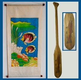 Signed Hand Made Paper Scroll with Fish and Hand Painted Oar with Fish