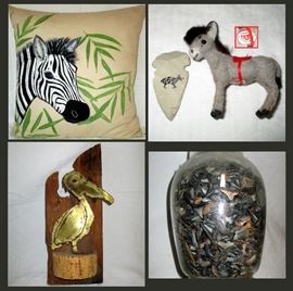 Hand Painted Zebra Pillow, Painted Arrowhead, German Miniature Donkey, Signed Brass Pelican on Wood and Lots of Sharks Teeth