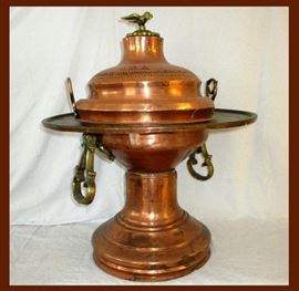 Large Antique Copper Brazier Marked with Bird Finial 